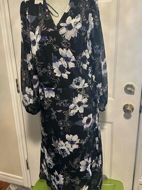 Addition Elle Black Floral Wrap-Style Long Sleeve Midi Dress